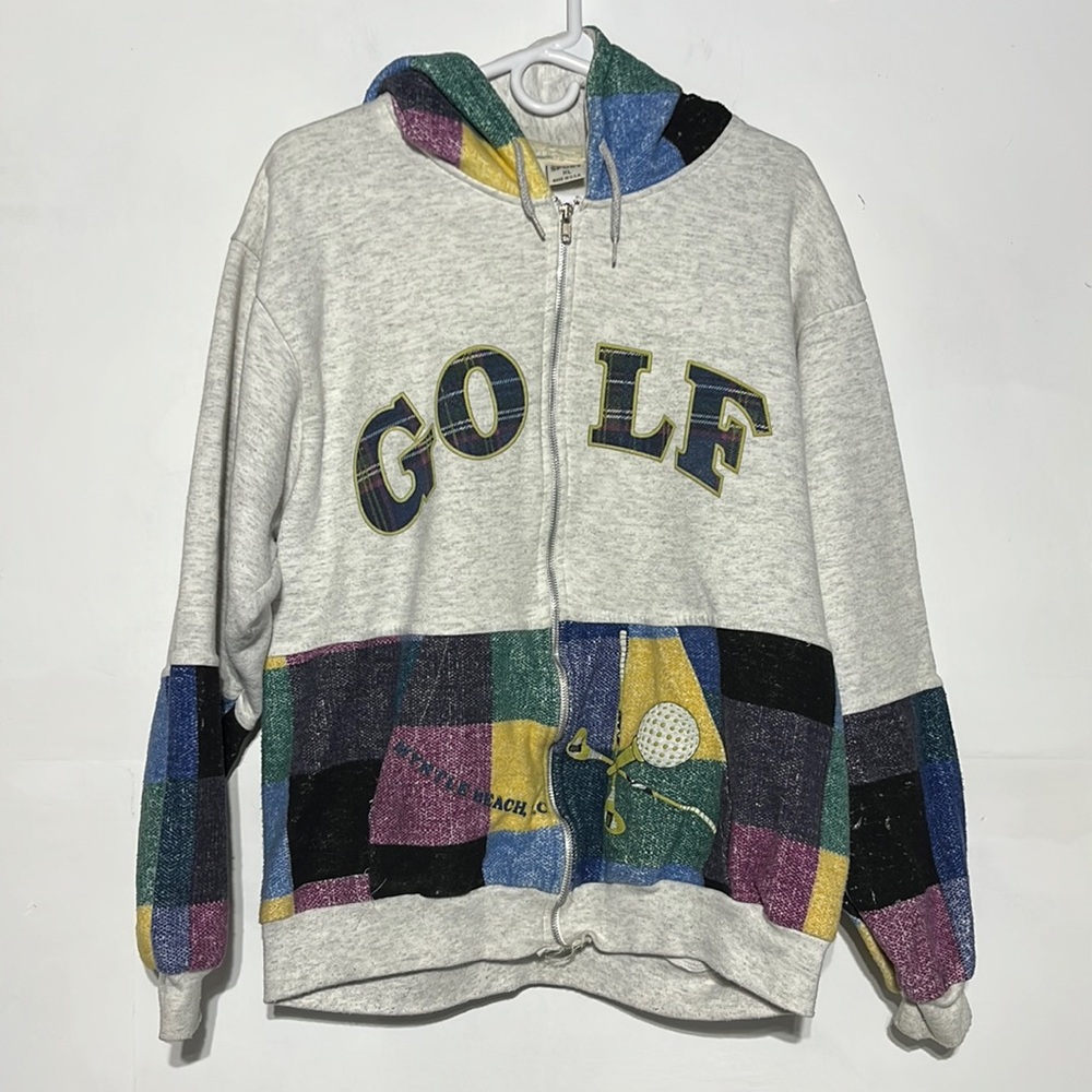 Vintage Myrtle Beach South Carolina Golf Plaid Zip Up Hooded Sweatshirt Size XL